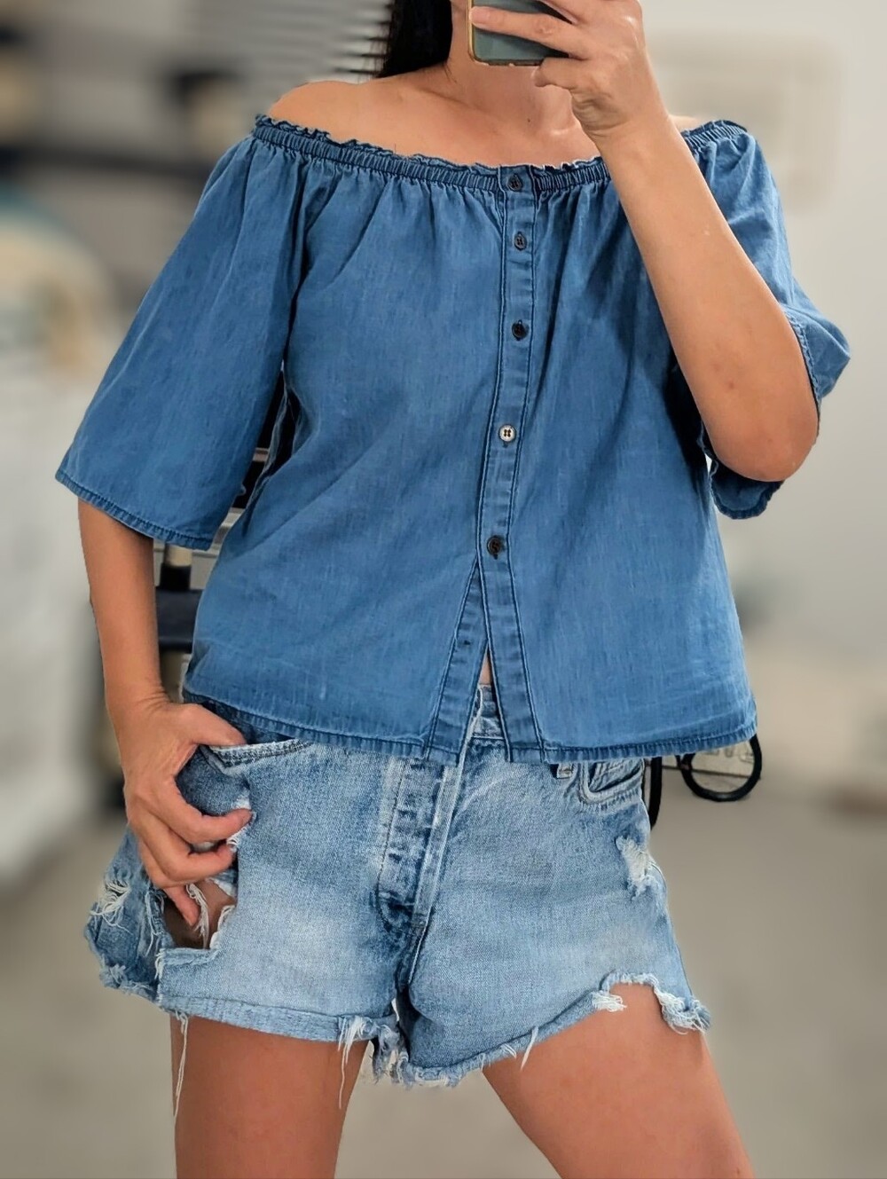 Denim Off-Shoulder Button-front Women's Top - Blue